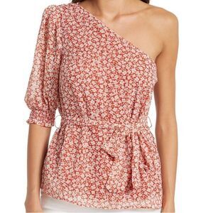 Gibsonlook Puff Sleeve One Shoulder Floral Blouse Tie Rust Tan S